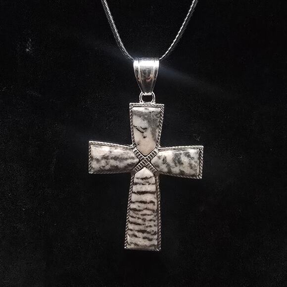 Pink Zebra Jasper Cross Pendant Necklace on Black Cord - Picture 1 of 10